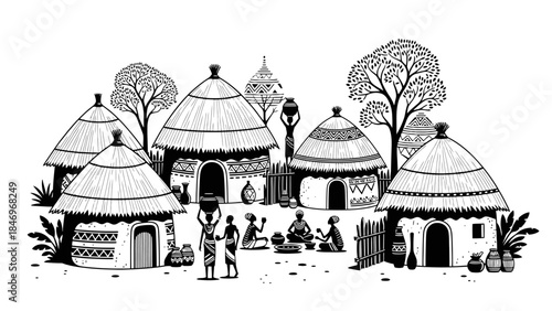 Traditional African Village Scene - Flat Design