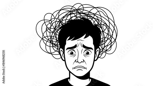 Stressed Person, Tangled Lines, BW Flat Design