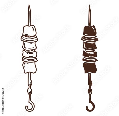 Vector illustration of two different grilled kebab skewers with meat and vegetables ready to eat