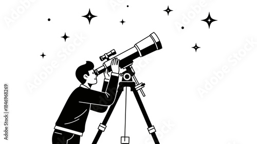 Person Stargazing with Telescope in Black & White Flat Design