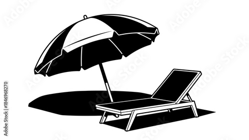 Black & White Beach Relaxation - Umbrella, Lounge Chair
