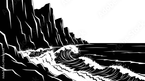 Dramatic Black & White Coastal Cliff Illustration