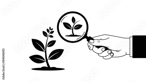 Hand Magnifying Plant, Black & White Flat Design
