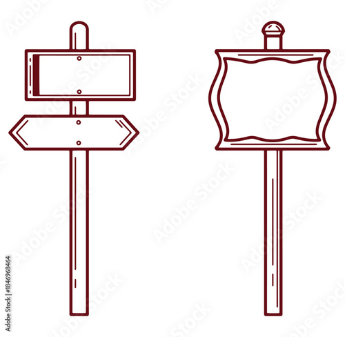 Vector illustration of two simple blank wooden road signs for directional and informational purposes