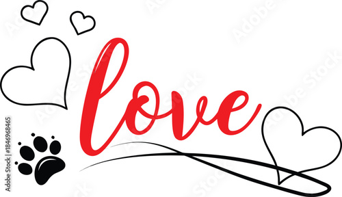 Red love text with paw print and hearts animal