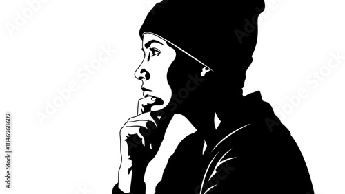 Thoughtful Person, Black & White Flat Design