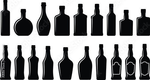 Bottle silhouette collection illustration, various glass containers shapes set, black vector icons for beverage packaging isolated on white background