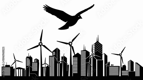 Cityscape Bird Over Wind Turbines, Sustainable Black & White