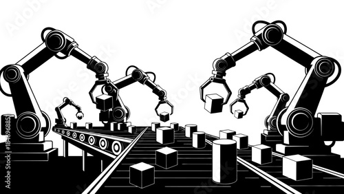 Factory Conveyor Robot, Black & White Flat Design