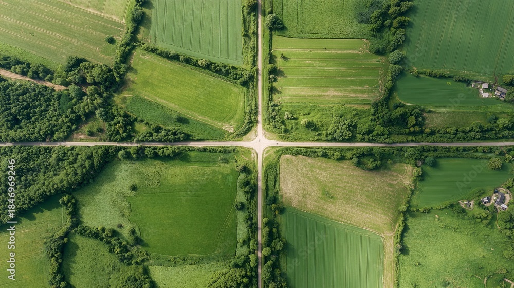 Fototapeta premium Green fields intersecting at a crossroads during daylight in a rural area