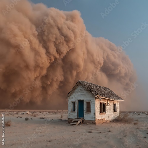 Desert dust storm landscape with small house high resolution photo