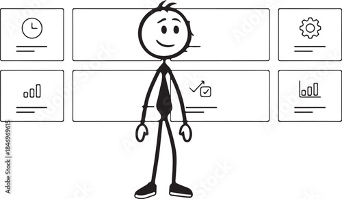 Stick figure businessman presenting business process management dashboard with icons for time, statistics, settings, and analysis