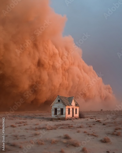 Dust storm apocalypse scene with abandoned house high resolution photo