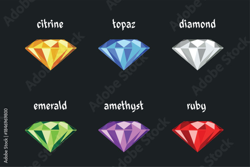 Colorful cartoon-style gemstone set: citrine, topaz, diamond, emerald, amethyst, and ruby. Bright illustrations perfect for games, fantasy designs, or decorative graphic elements