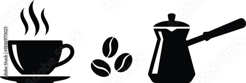 Coffee cup and moka pot silhouette illustration, hot beverage icons with coffee beans, black vector design isolated on white background