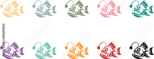 Anglerfish illustration assortment colorful style, Deep sea fish graphic collection