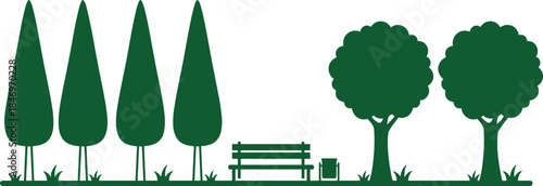 City park landscape illustration with trees bench and trash bin, green urban nature scene, minimalist outdoor recreation design isolated