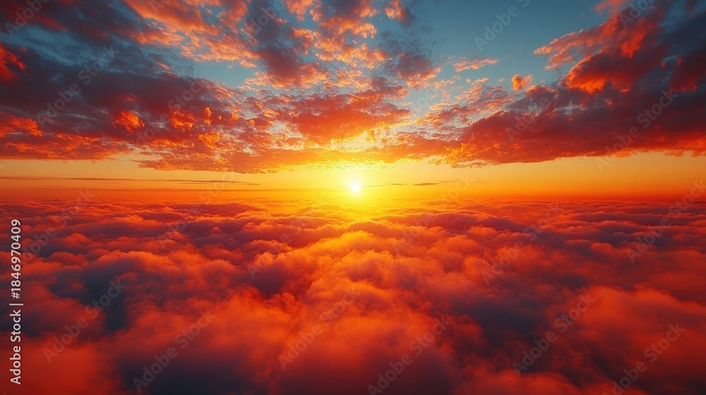 Fototapeta premium A vibrant sunrise illuminates a large expanse of clouds, showcasing atmospheric light and color.