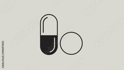 Pharmaceutical products illustration featuring a capsule and a round pill representing medication and drug treatment options for health and wellness