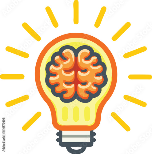 The brain sits inside lightbulb, emitting creative and innovative concepts as illustration shines brightly