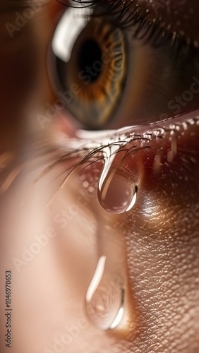 Extreme close-up of a human eye with a tear drop rolling down the cheek representing sadness