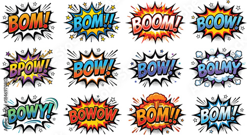 Comic book sound effect explosion set, colorful pop art speech bursts, boom bam pow text elements, retro cartoon illustration isolated