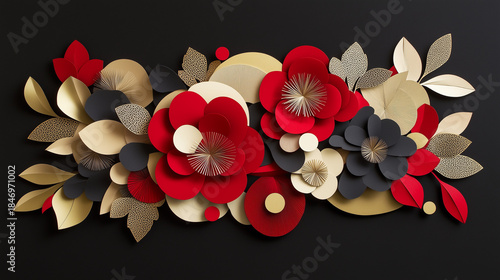 Intricate paper flower arrangement in red, black, and gold on a dark background 
