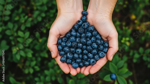 Hand holding freshly picked blueberries from a garden bush