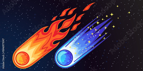 Cosmic Collision: Two celestial objects, one ablaze with fiery hues and the other emitting a cool, ethereal glow, dance against a canvas of stars.