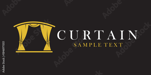 golden icon of theatrical scene with curtains isolated on black background