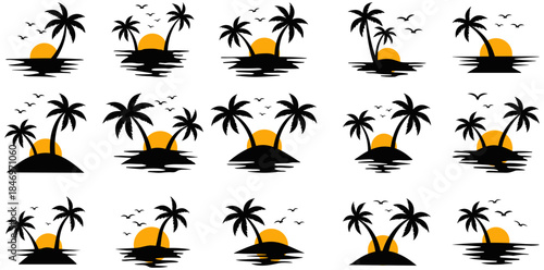 Tropical Paradise Collection: A captivating collection showcases tropical islands, bathed in the warmth of a setting sun, creating a serene ambiance with silhouettes of palm trees and soaring birds.
