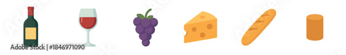Set of flat design wine tasting icons featuring a bottle of red wine, a full glass, a bunch of purple grapes, a wedge of cheese, a baguette, and a cork