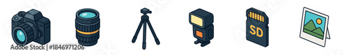 Set of photography equipment icons featuring a camera, lens, tripod, flash, SD card, and printed picture, presented in a colorful isometric illustration style