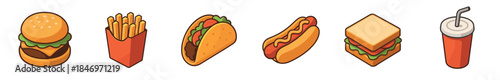 Fast food icon collection featuring a hamburger, fries, taco, hot dog, sandwich, and soda, presented as a set of colorful and simple cartoon vector style illustrations
