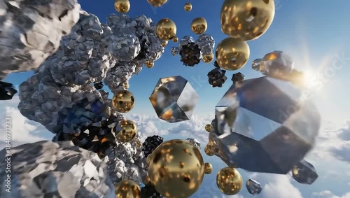 Golden spheres and geometric shapes float in sky