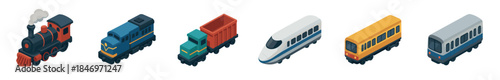 Set of various isometric train vector illustrations showing a steam engine, diesel locomotive, freight wagon, bullet train, and passenger cars in a flat graphic style