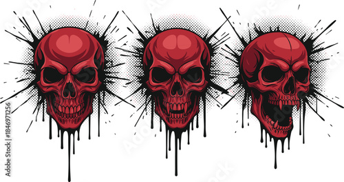 Red skulls with black paint splatter, grunge dripping blood, halloween horror illustration, scary dead head graphic set, cad drawing flat vector illustration