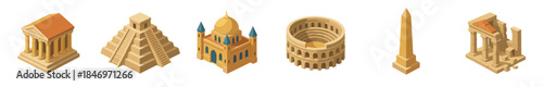 Collection of six ancient world landmarks including a classical temple, step pyramid, domed mosque, and amphitheater, rendered in a detailed isometric vector illustration style