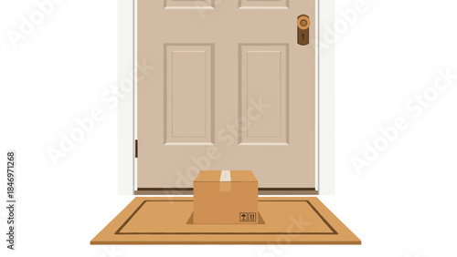 A cardboard package sits on a welcome mat in front of a neutral colored front door, suggesting a delivery has arrived.