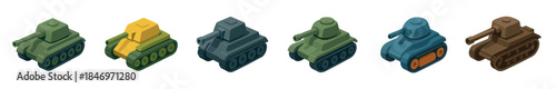 Set of six colorful isometric tanks with different designs and camouflage patterns, rendered in a clean, flat vector illustration style for video game or strategy concepts