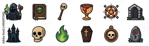 Set of twelve dark fantasy cartoon icons featuring a necromancer, skull, spellbook, coffin, castle, pentagram, and goblet for a role-playing game or Halloween design
