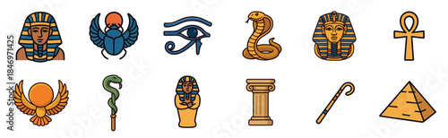 Collection of ancient Egyptian icons and symbols featuring a pharaoh, scarab, Eye of Horus, ankh, and pyramid in a colorful cartoon style with bold outlines for design