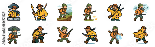 Set of twelve cartoon hunter character illustrations in various poses and actions for adventure or gaming concepts, showing different emotions and equipment like rifles and spears