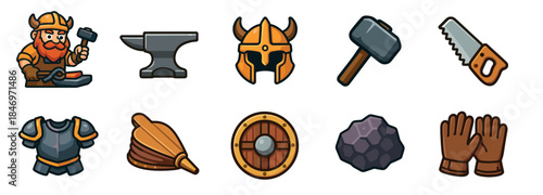 Set of cartoon blacksmith and warrior icons featuring a dwarf character, anvil, horned helmet, hammer, shield, armor, bellows, saw, ore, and gloves for a fantasy game