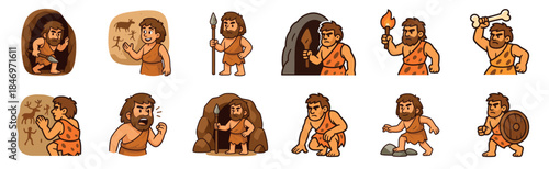 Collection of cartoon caveman characters in various poses showing prehistoric life with spears, torches, and cave paintings in a simple, flat illustration style for historical concepts