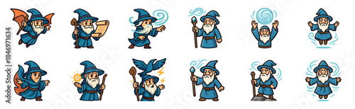 Collection of twelve fantasy wizard mascots in blue robes and pointy hats, depicted casting magic, flying with wings, reading scrolls, and holding a crystal staff