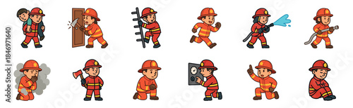 Collection of cartoon firefighter characters in various action poses showing rescue, climbing, and extinguishing fire, presented as a cute and simple character set for emergency concepts