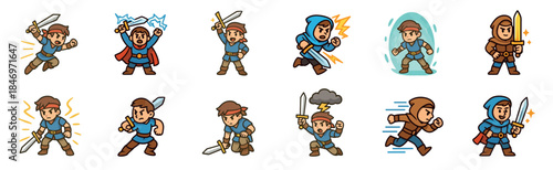 Set of twelve cute chibi warrior characters in different dynamic poses, holding swords and using magic for a fantasy role-playing game adventure illustration