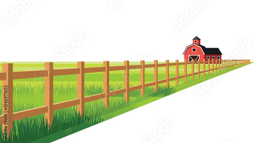Picturesque rural scene features a wooden fence leading to a classic red barn in a vibrant green field, evoking a sense of peaceful countryside living.