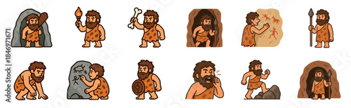 Collection of cartoon caveman characters in various poses showing prehistoric life, hunting with a spear, holding a torch, and drawing on cave walls in a simple flat illustration style